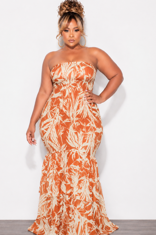 Final Sale Plus Size Strapless Maxi Dress in Rust & Cream Print
