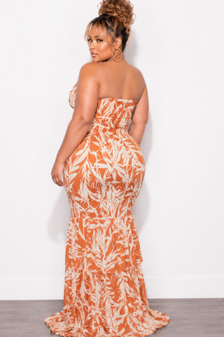 Final Sale Plus Size Strapless Maxi Dress in Rust & Cream Print