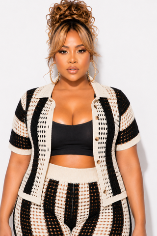 Final Sale Plus Size 2pc Crochet Pant Set in Black & Ivory