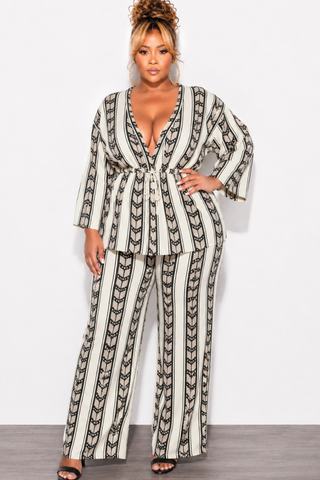 Final Sale Plus Size 2pc Linen Pant Set in Multi-Color Taupe Print
