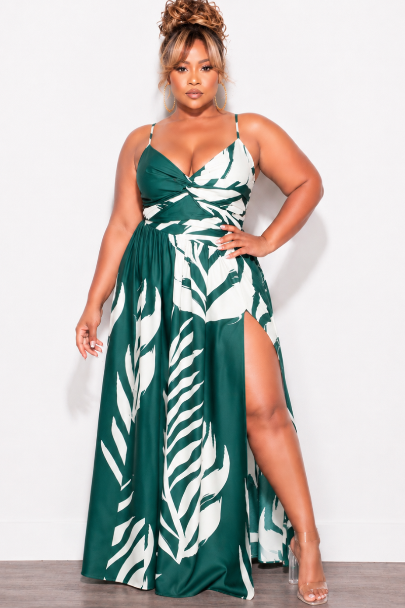 Final Sale Plus Size Spaghetti Strap Linen Maxi Dress in Green & White Print