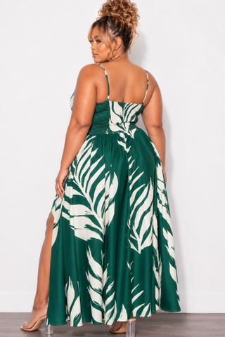 Final Sale Plus Size Spaghetti Strap Linen Maxi Dress in Green & White Print