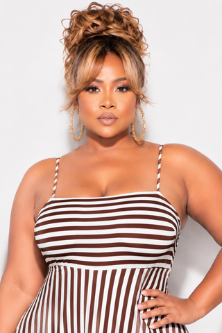 Final Sale Plus Size Frill Spaghetti Strap Maxi Dress in White and Brown Stripe Print