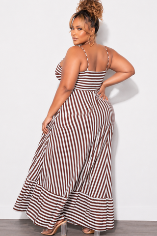 Final Sale Plus Size Frill Spaghetti Strap Maxi Dress in White and Brown Stripe Print