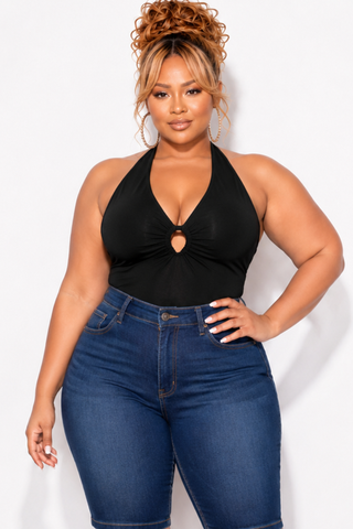 Final Sale Plus Size Halter Top in Black with Covered Gold Ring