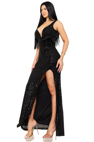 Final Sale Sleeveless Deep V Sequin Gown with Side Ruffles in Black