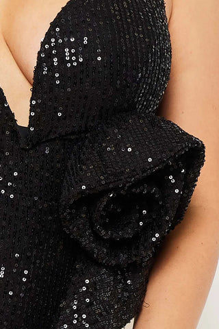 Final Sale Sleeveless Deep V Sequin Gown with Side Ruffles in Black