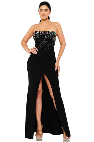 Final Sale Strapless Multi Color Rhinestone Gown in Black