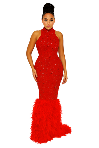 Final Sale Sleeveless Feather Sequin Gown in Red