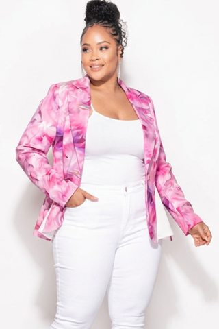 Final Sale Plus Size Long Sleeve Blazer In Pink & White Print