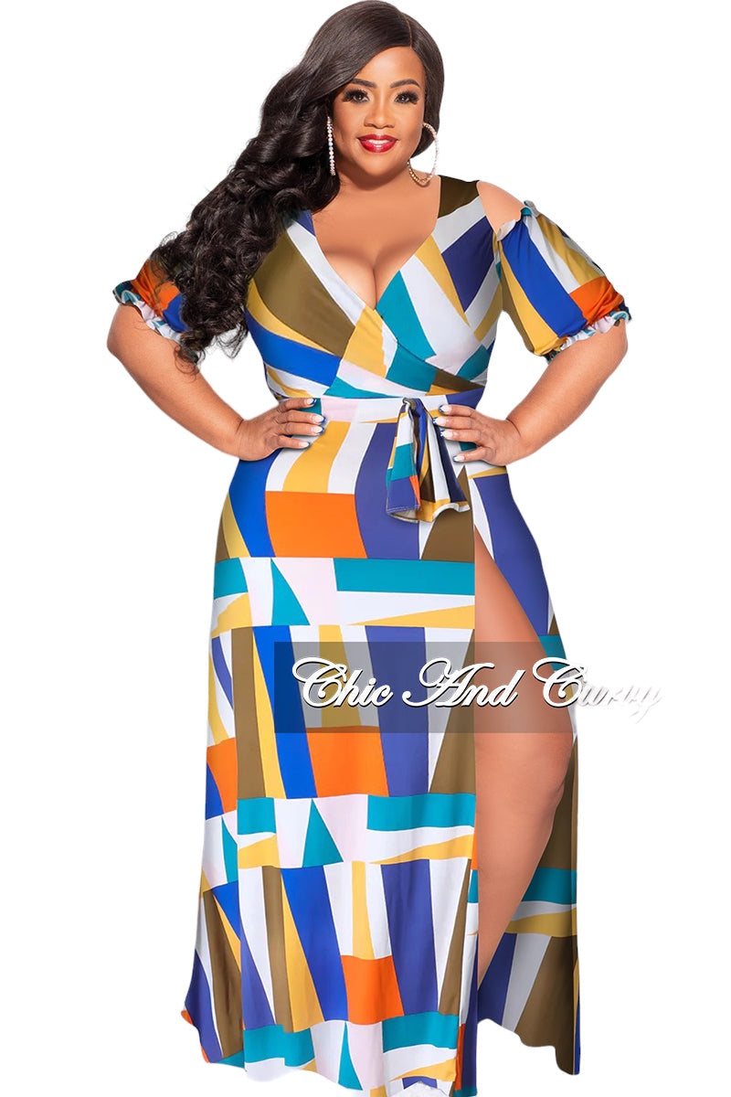 Final Sale Plus Size 2pc Faux Wrap Crop Tie Top and Double Slit Skirt Set in Multi Color Design Print