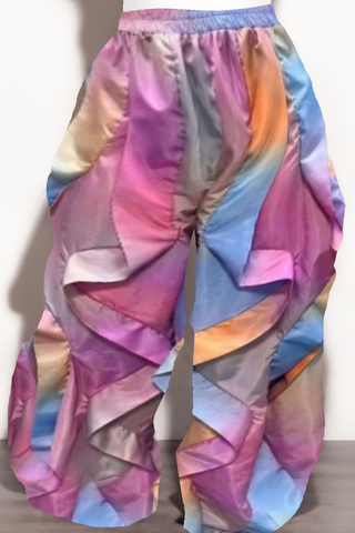 Final Sale Plus Size Wide Leg Drawstring Oversized Windbreaker Wavy Pants in Multi-Water Colors