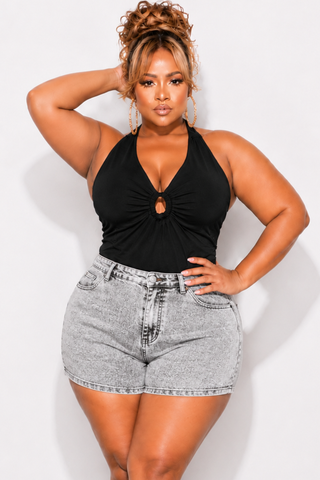 Final Sale Plus Size Ribbed Halter Top in Black with Covered Gold Ring
