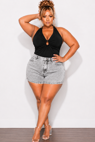 Final Sale Plus Size Ribbed Halter Top in Black with Covered Gold Ring