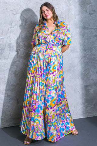 Final Sale Plus Size Jumpsuit with Satin Collar Tie Top and Pleated Pants in Purple Multi Color Design Print