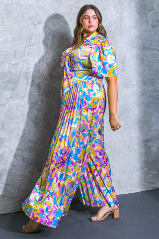 Final Sale Plus Size Jumpsuit with Satin Collar Tie Top and Pleated Pants in Purple Multi Color Design Print