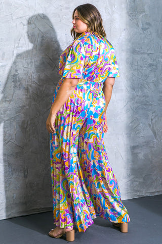 Final Sale Plus Size Jumpsuit with Satin Collar Tie Top and Pleated Pants in Purple Multi Color Design Print