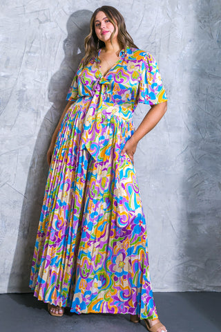 Final Sale Plus Size Jumpsuit with Satin Collar Tie Top and Pleated Pants in Purple Multi Color Design Print