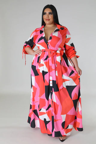 Final Sale Plus Size Collar Button Up Maxi Dress with Attached Belt in Orange Pink Black and White