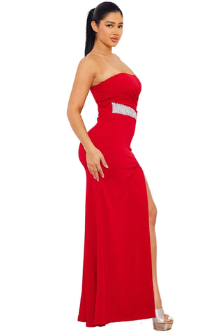 Final Sale Strapless Gown with Rhinestone Waist Trim in Red