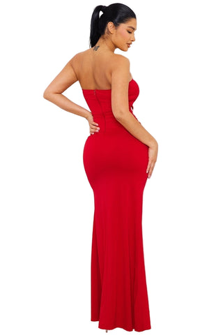 Final Sale Strapless Gown with Rhinestone Waist Trim in Red