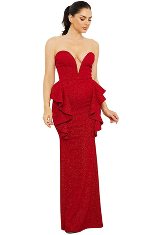 Final Sale Strapless Deep V Glitter Gown with Side Ruffles in Red