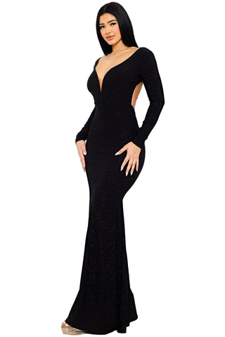 Final Sale Deep V Glitter Maxi Gown in Black