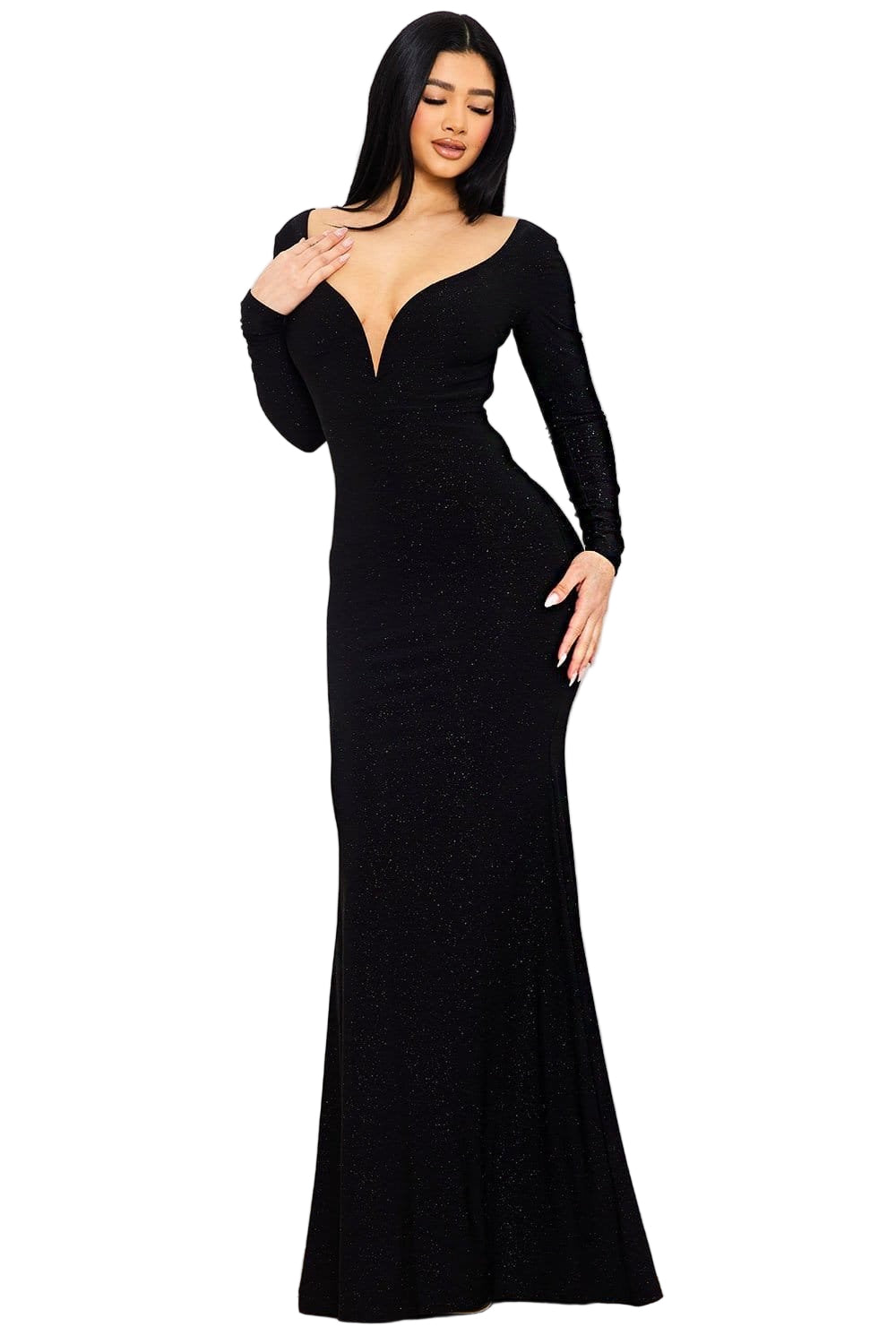 Final Sale Deep V Glitter Maxi Gown in Black