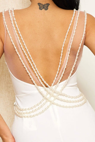 Final Sale Sleeveless Deep V Maxi Dress with Beaded Trim Back in Ivory