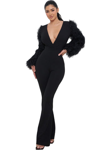 Final Sale Jumpsuit with Feather Sleeves in Black