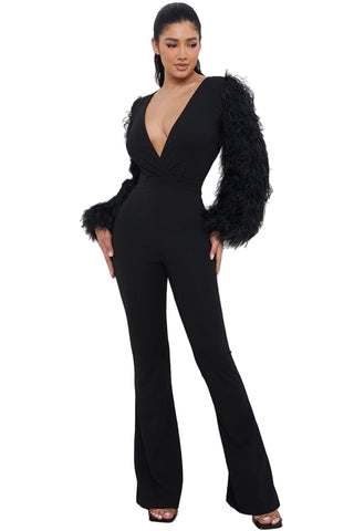 Final Sale Jumpsuit with Feather Sleeves in Black