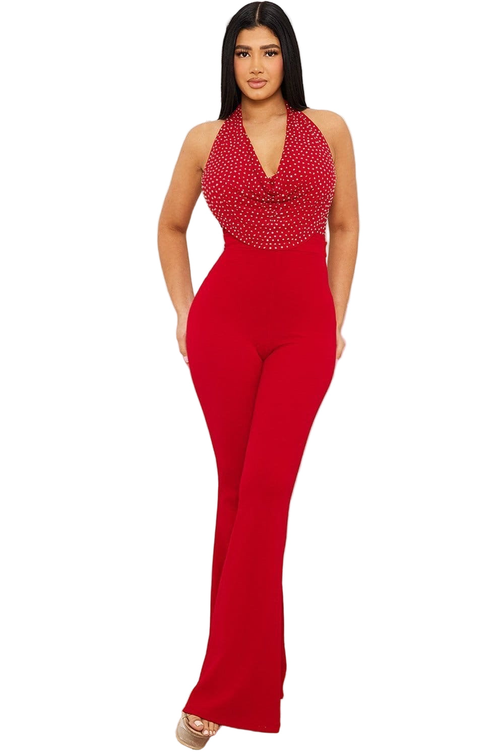Final Sale Halter Rhinestone Jumpsuit in Red