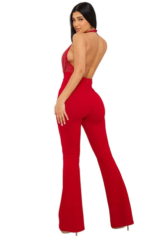 Final Sale Halter Rhinestone Jumpsuit in Red