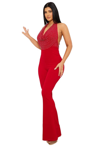 Final Sale Halter Rhinestone Jumpsuit in Red