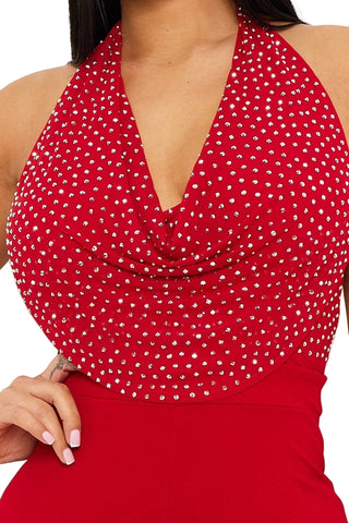 Final Sale Halter Rhinestone Jumpsuit in Red