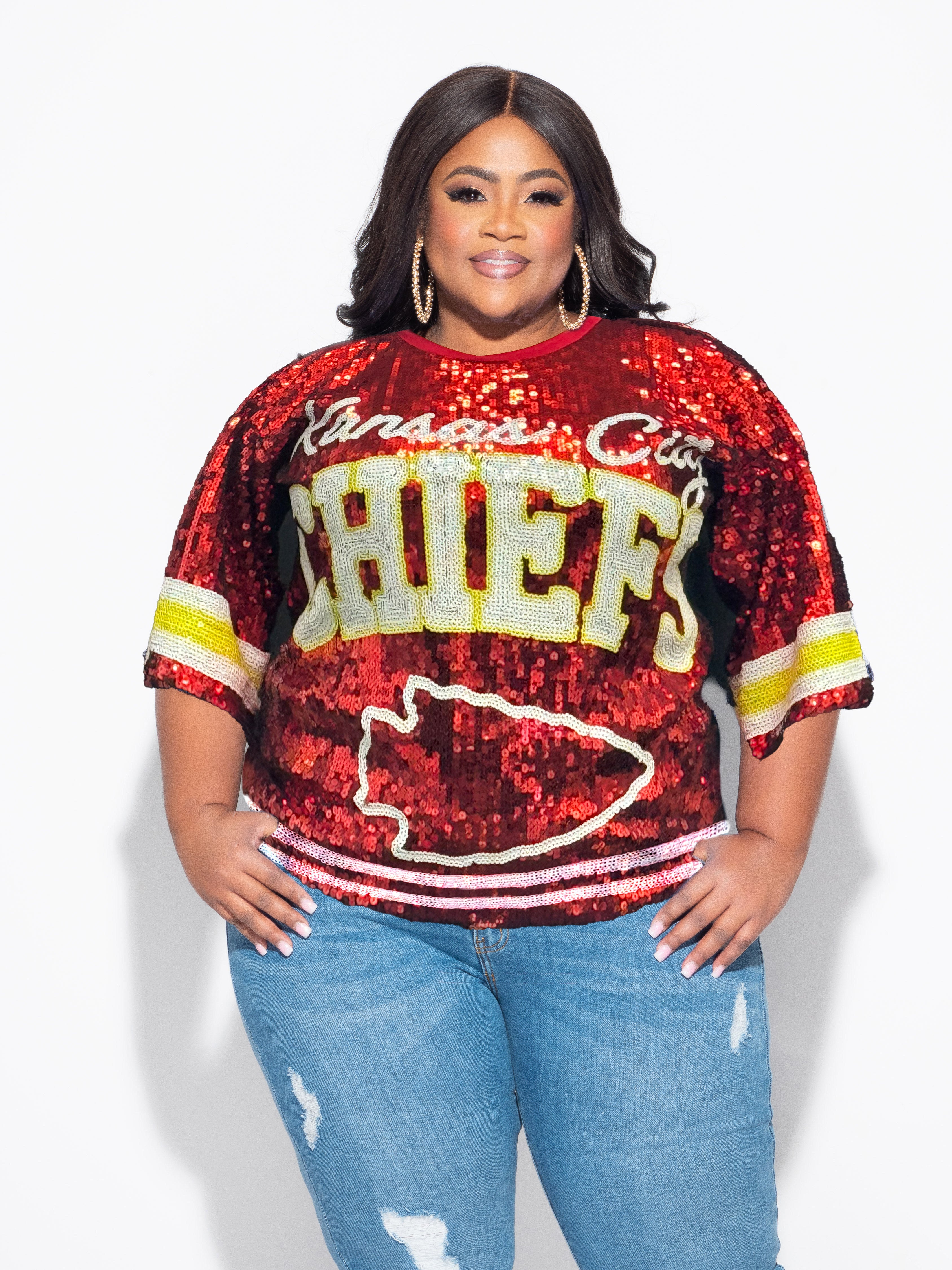 Final Sale Plus Size Sequin Kansas City Chiefs Jersey Top in Red White and Gold
