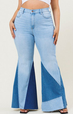 Final Sale Plus Size ColorBlock Flare Denim Jeans in Light Stone Denim