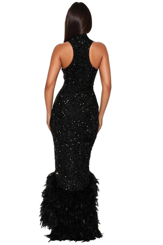 Final Sale Sleeveless Feather Sequin Gown in Black