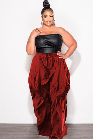Final Sale Plus Size Wide Leg Drawstring Oversized Windbreaker Wavy Pants in Dark Red