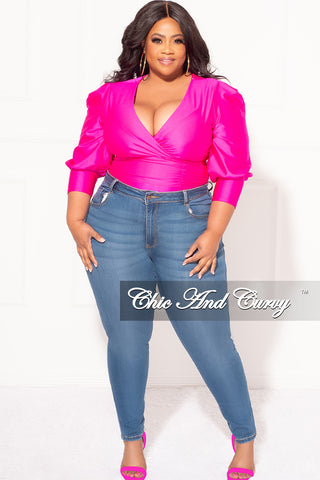 Final Sale Plus Size Faux Bodysuit with Ruched Puffy Sleeves in Fuchsia