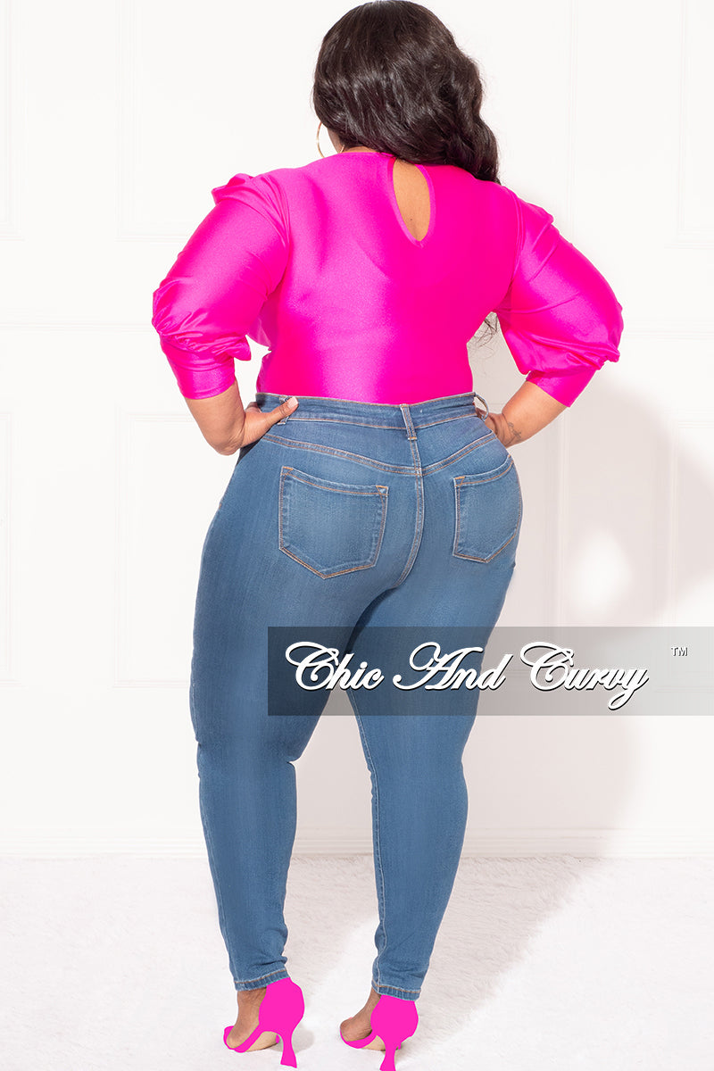 Final Sale Plus Size Faux Bodysuit with Ruched Puffy Sleeves in Fuchsia