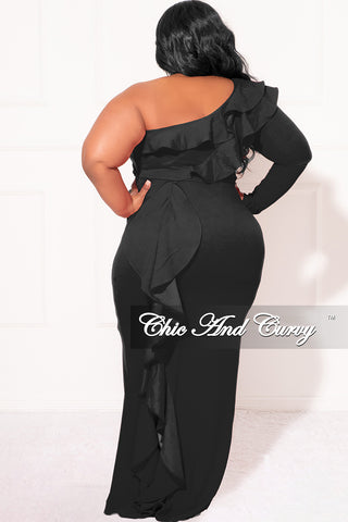 Final Sale Plus Size One Shoulder Ruffle Trim Gown in Black