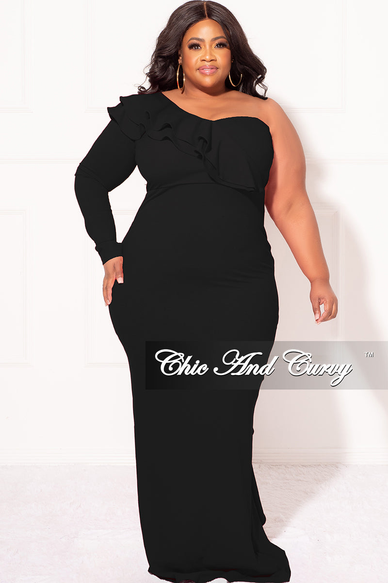 Final Sale Plus Size One Shoulder Ruffle Trim Gown in Black