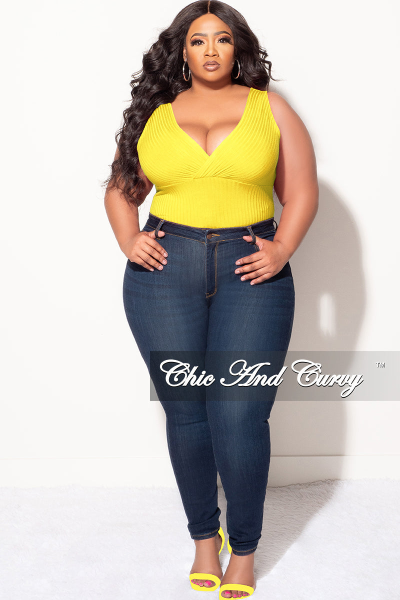 Final Sale Plus Size Ribbed Faux Wrap Sleeveless Bodysuit in Yellow