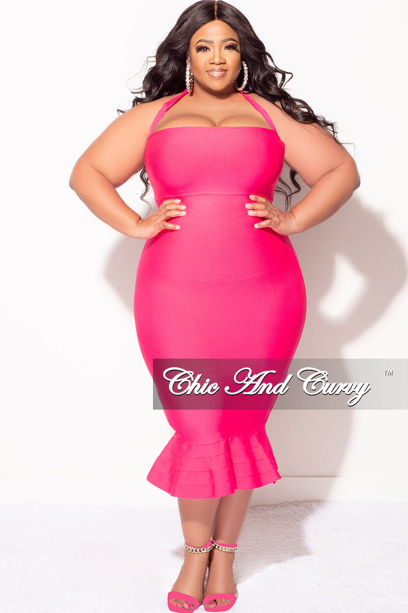 Final Sale Plus Size Halter Bandage Dress with Ruffle Bottom in Fuchsia - 3x 22 Final Sale Plus Size Halter Bandage Dress with Ruffle Bottom in Fuchsia - 3x 22