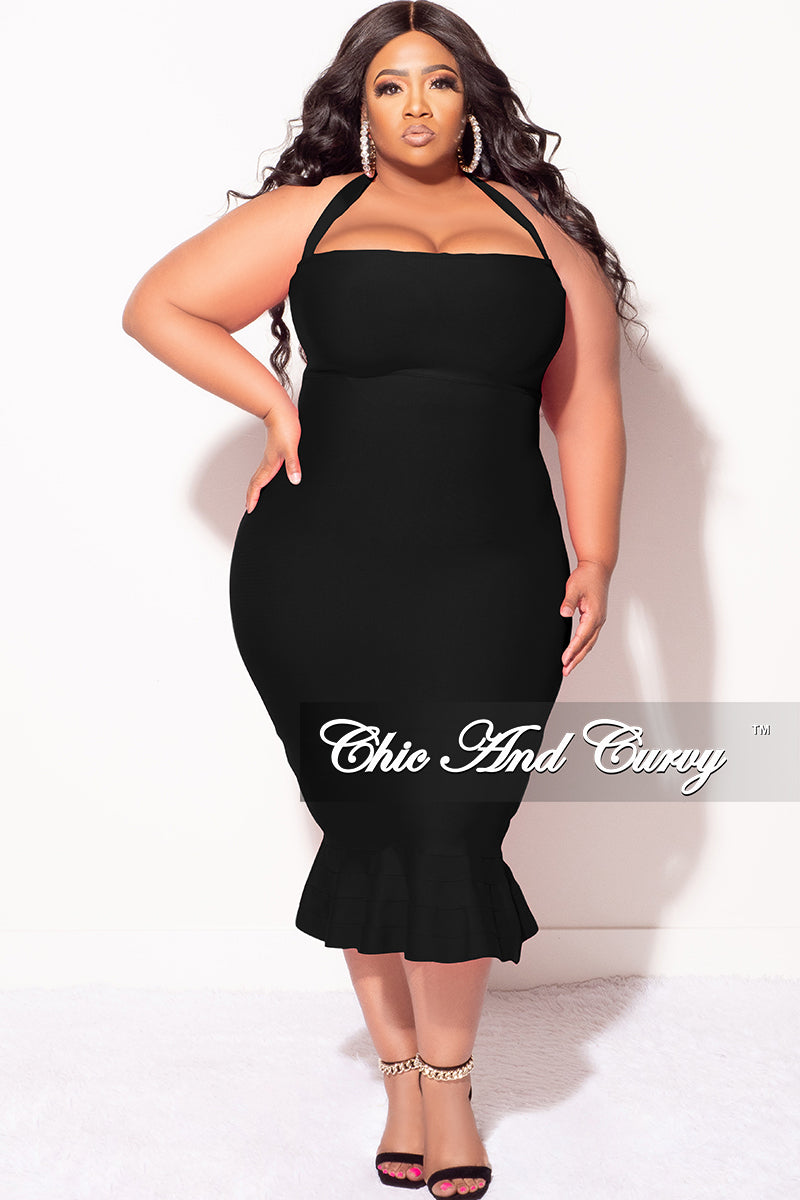 Final Sale Plus Size Halter Bandage Dress with Ruffle Bottom in Black