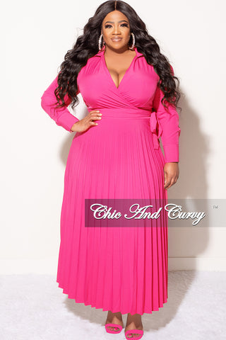 Final Sale Plus Size Collar Faux Wrap Dress With Bottom Pleats In Pink