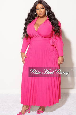 Final Sale Plus Size Collar Faux Wrap Dress With Bottom Pleats In Pink