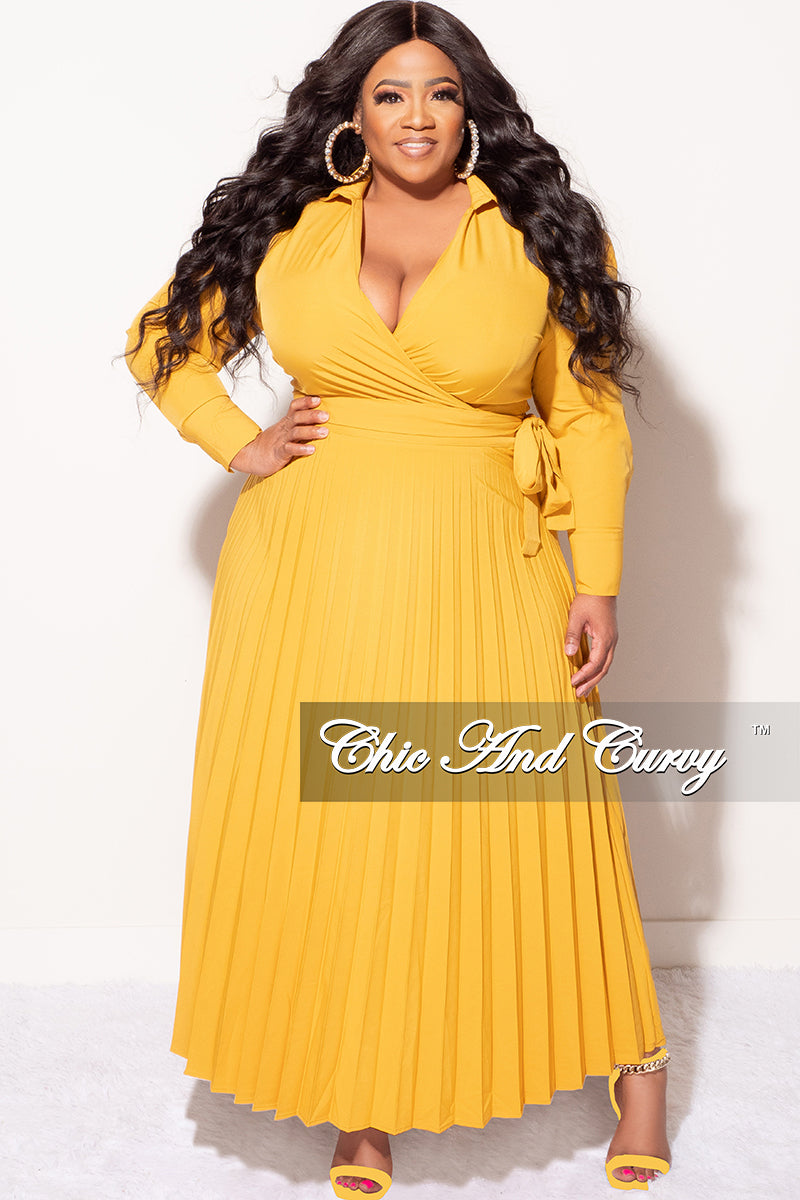 Final Sale Plus Size Collar Faux Wrap Dress With Bottom Pleats In Mustard