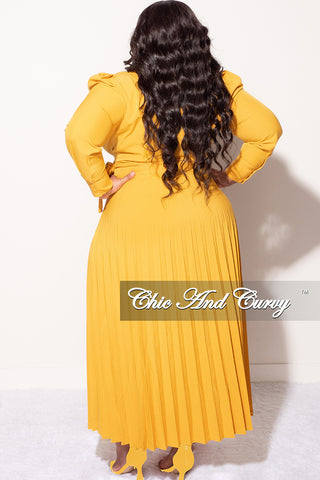 Final Sale Plus Size Collar Faux Wrap Dress With Bottom Pleats In Mustard